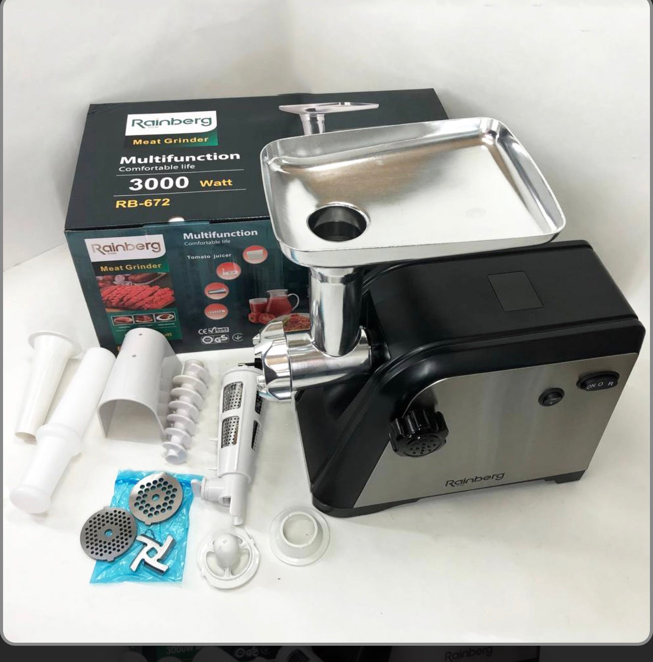 М'ясорубка Rainberg RB-672 3000W електрична з реверсом та соковижималкою, м'ясорубка електрична метал
